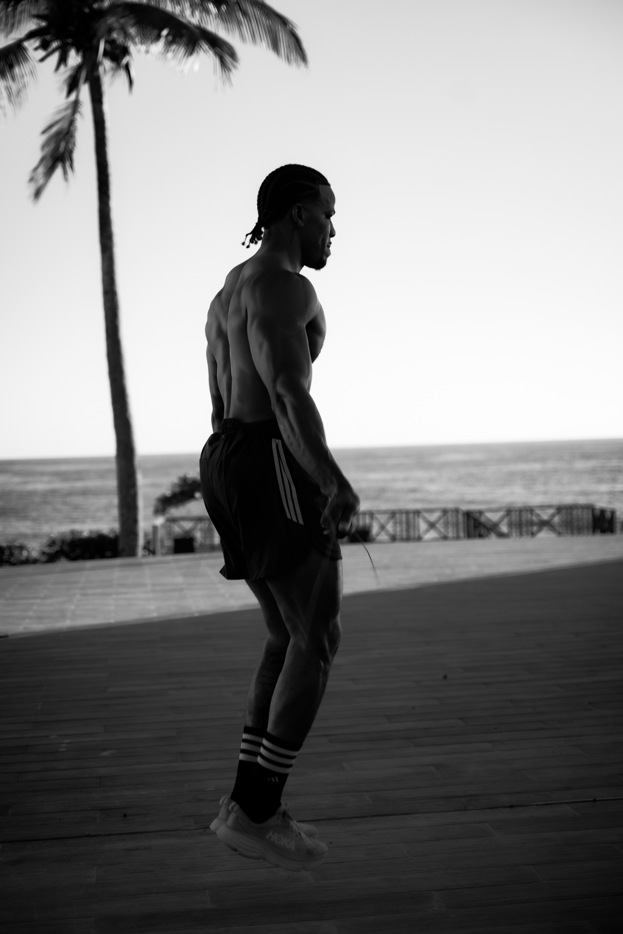 Conditioning work by the sea at sunset